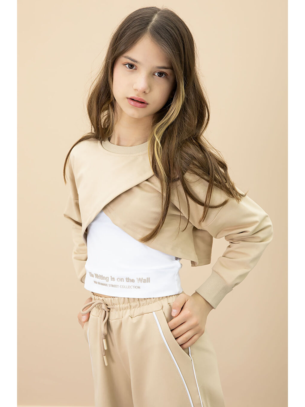 Bej Şerit Detaylı Geniş Paça Croplu Kız Çocuk 3'lü Takım 20703-1