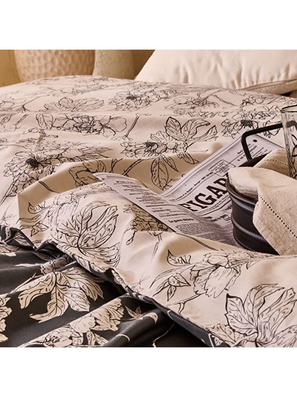 Soft Blanora Pamuk Saten Çift Kişilik Nevresim Takımı - Antrasit / Ekru-5