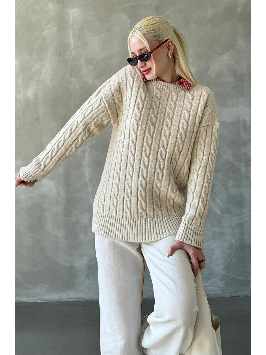Ekru Balıkçı Yaka Örgülü Triko Kazak Mg2336-1