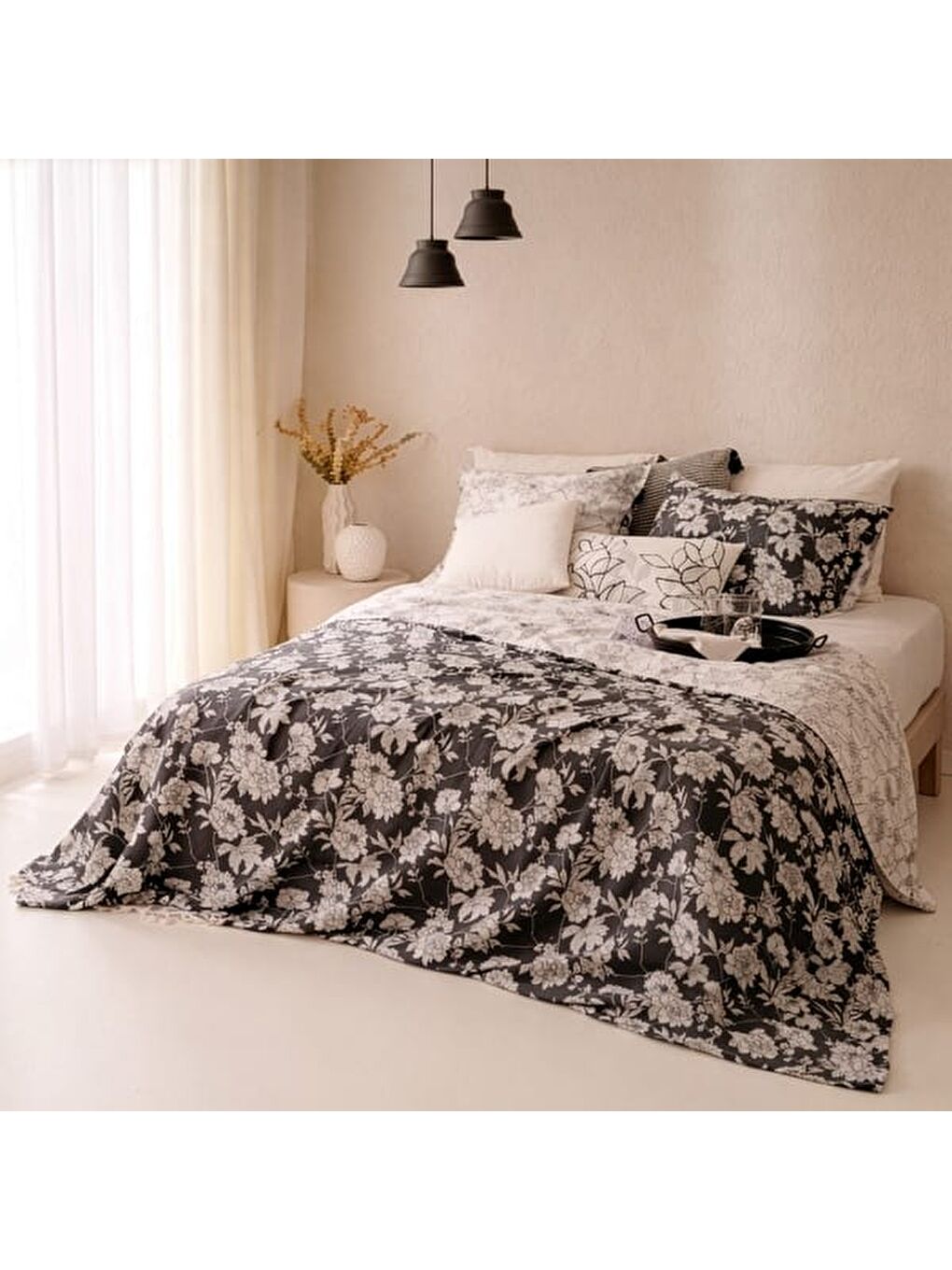 Soft Blanora Pamuk Saten Çift Kişilik Nevresim Takımı - Antrasit / Ekru-6