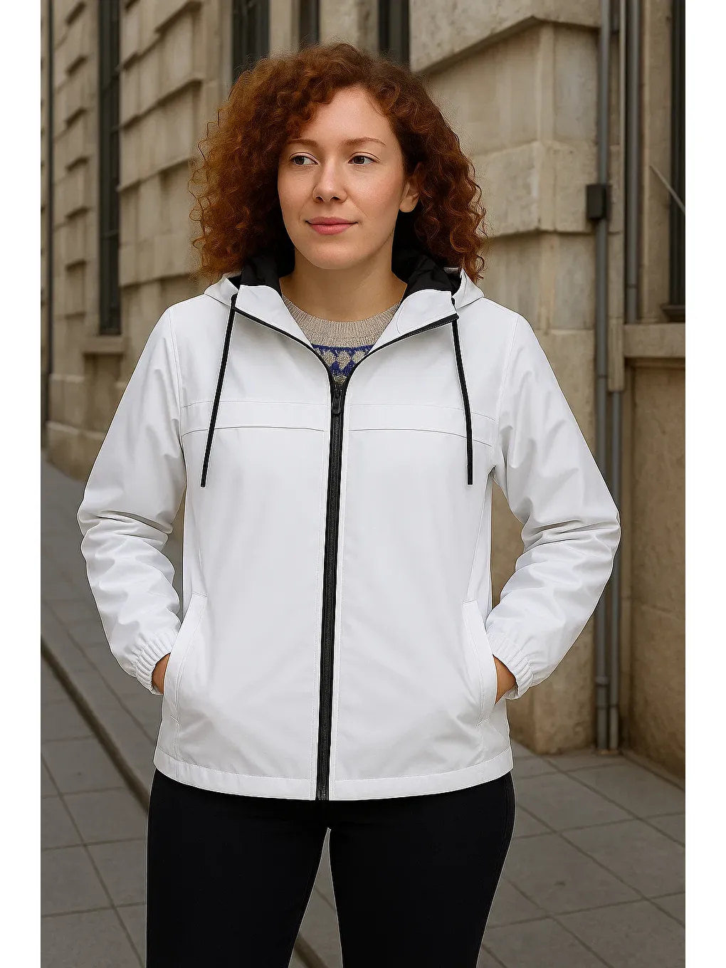 Kadın Astarlı Kapüşonlu Beyaz Rüzgarlık & Yağmurluk-1