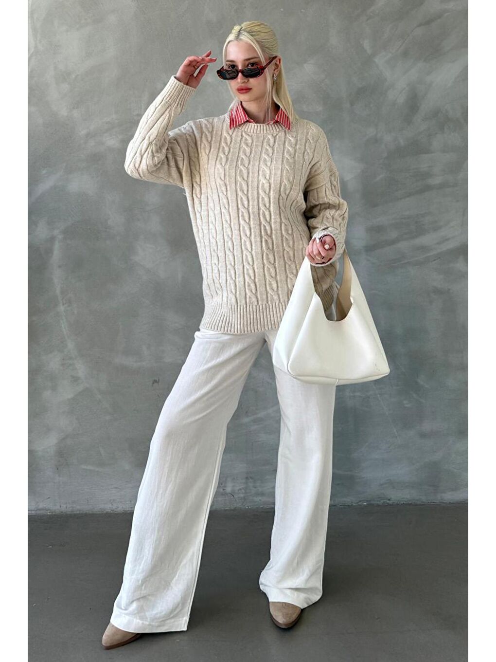 Ekru Balıkçı Yaka Örgülü Triko Kazak Mg2336-3