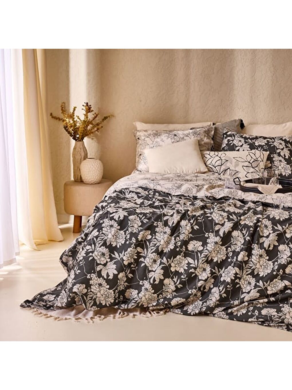 Soft Blanora Pamuk Saten Çift Kişilik Nevresim Takımı - Antrasit / Ekru-7