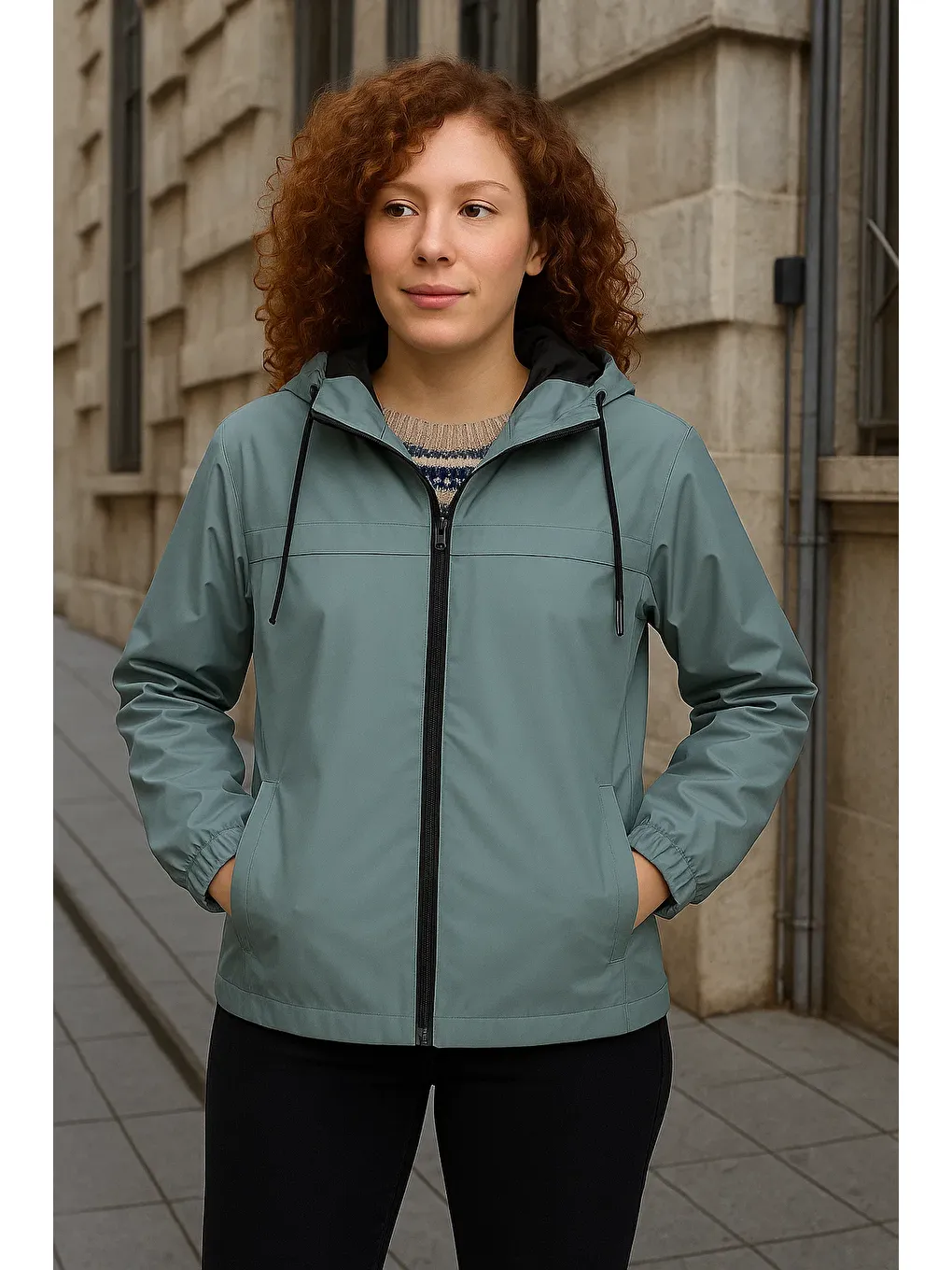 Yeşil Kadın Astarlı Kapüşonlu Mint Rüzgarlık & Yağmurluk