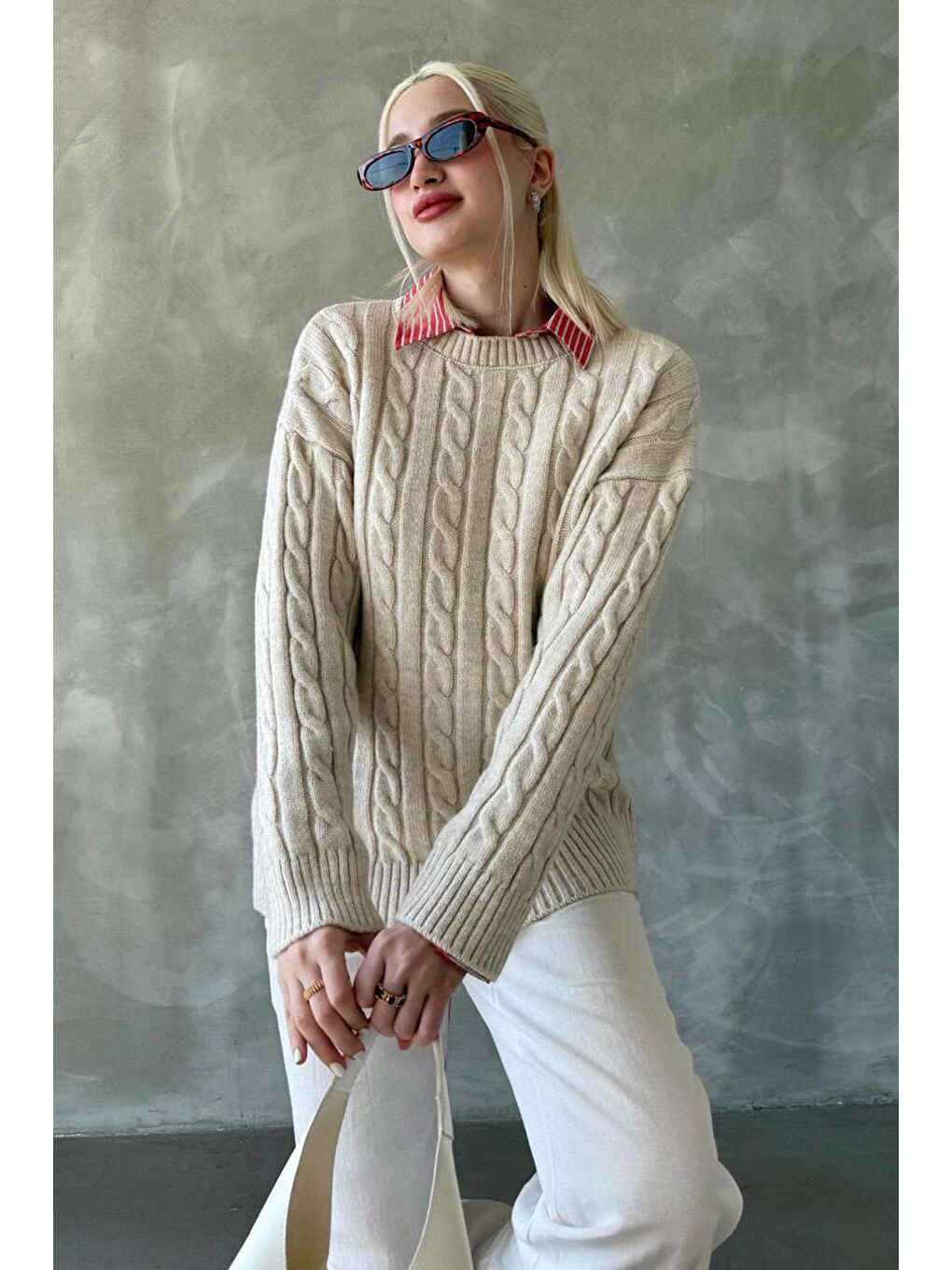 Ekru Balıkçı Yaka Örgülü Triko Kazak Mg2336-4
