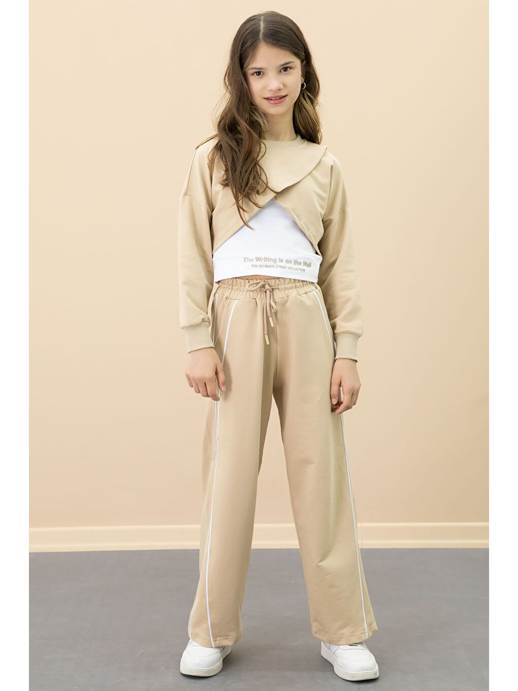 Bej Şerit Detaylı Geniş Paça Croplu Kız Çocuk 3'lü Takım 20703-3