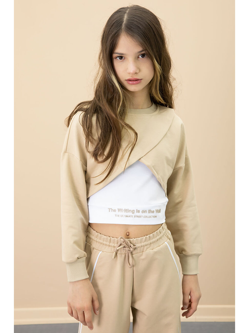 Bej Şerit Detaylı Geniş Paça Croplu Kız Çocuk 3'lü Takım 20703-4