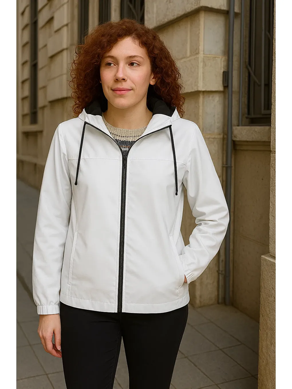 Kadın Astarlı Kapüşonlu Beyaz Rüzgarlık & Yağmurluk-2