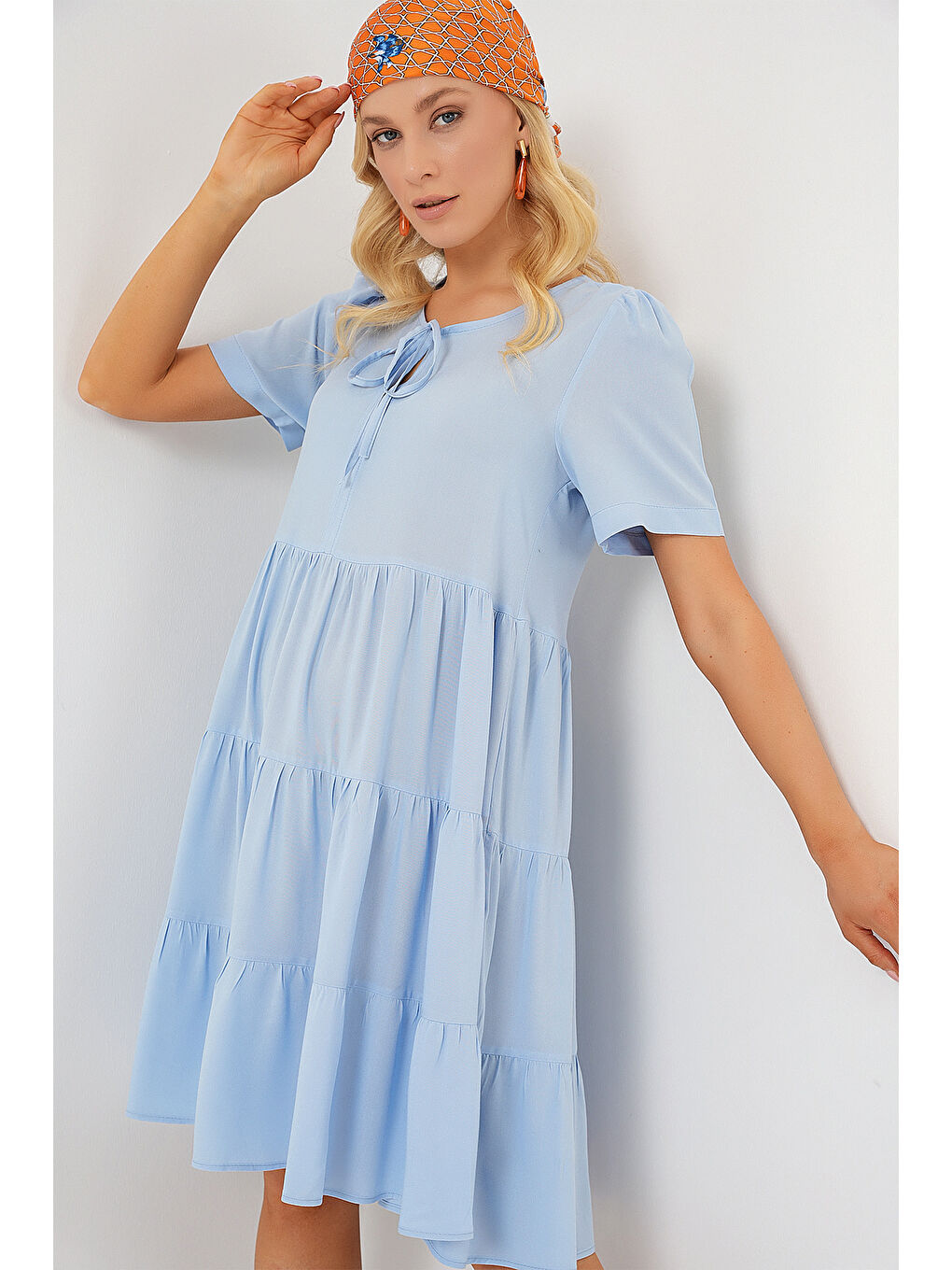 Kadın Kısa Kol Kısa Elbise 2554 - Mavi-3