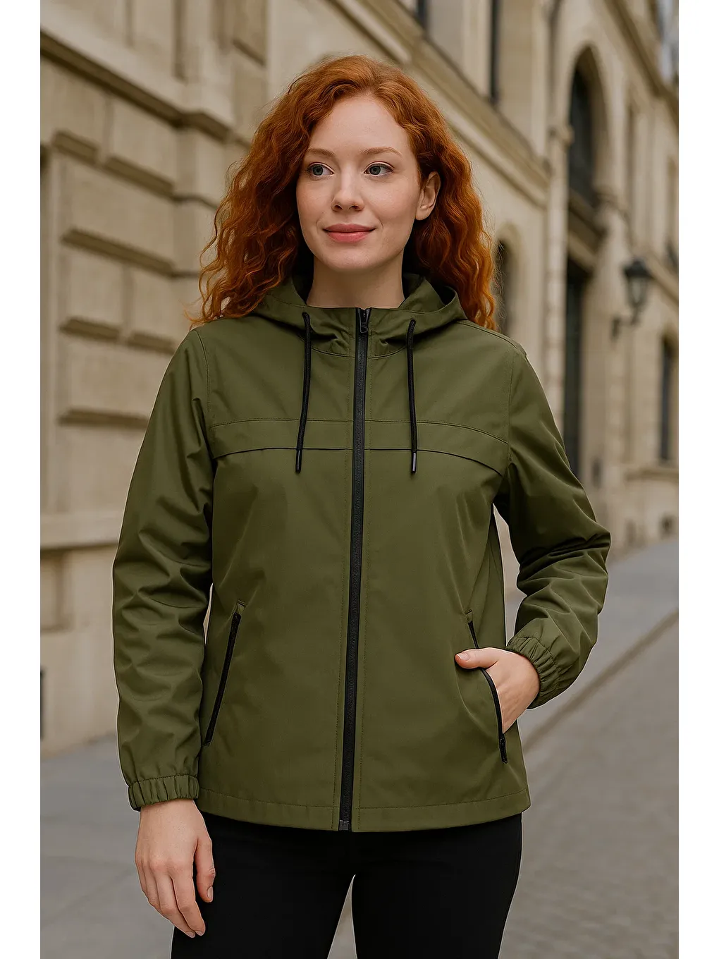 Kadın Astarlı Kapüşonlu Haki Rüzgarlık & Yağmurluk-1
