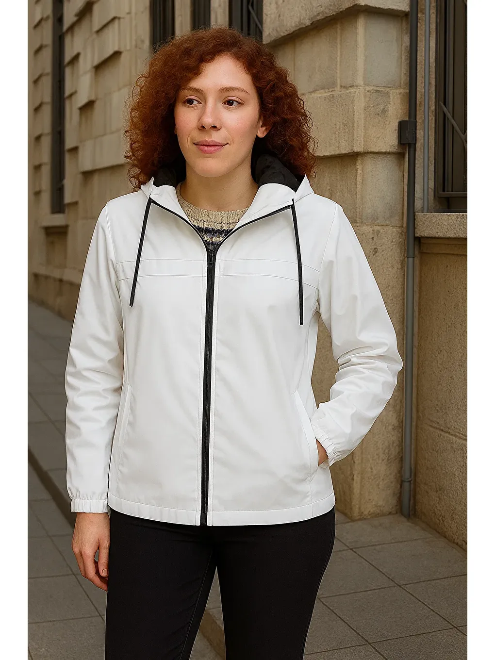 Kadın Astarlı Kapüşonlu Beyaz Rüzgarlık & Yağmurluk-3