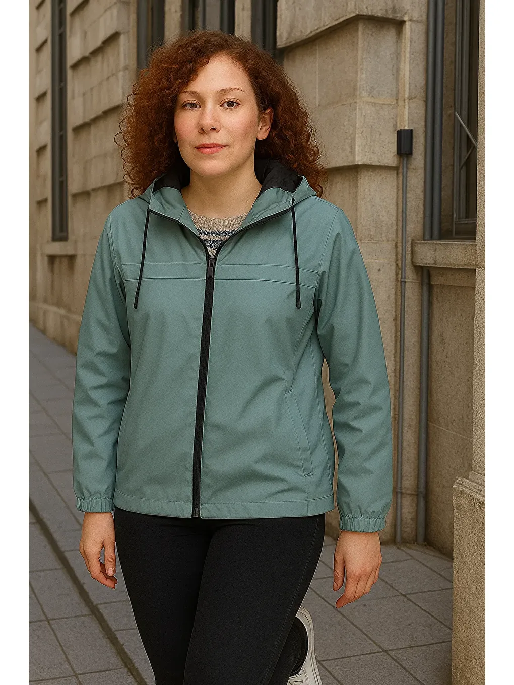 Yeşil Kadın Astarlı Kapüşonlu Mint Rüzgarlık & Yağmurluk-2