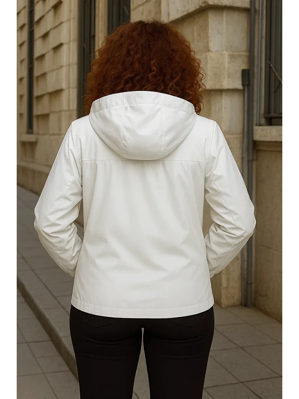 Kadın Astarlı Kapüşonlu Beyaz Rüzgarlık & Yağmurluk-4