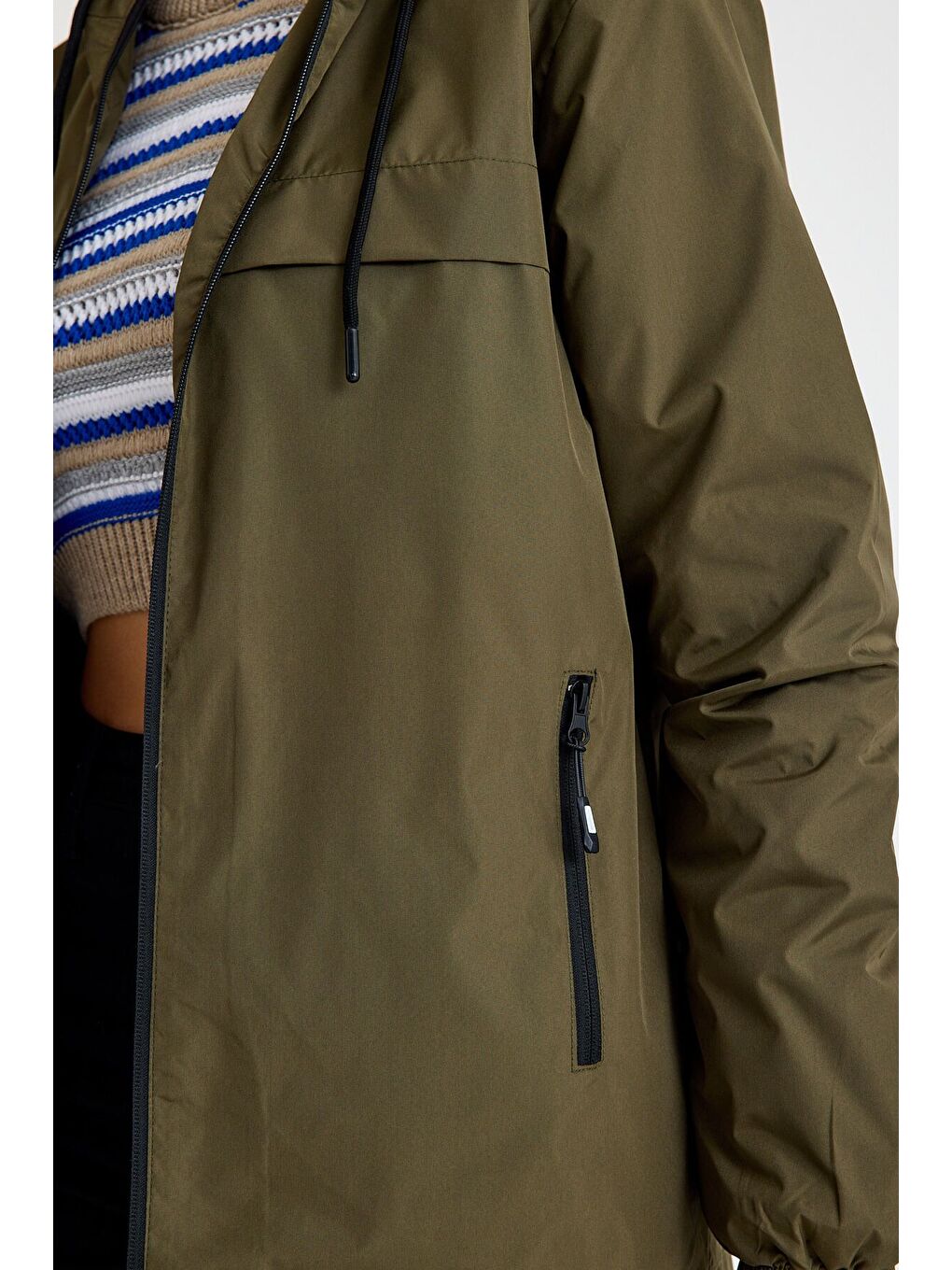 Kadın Astarlı Kapüşonlu Haki Rüzgarlık & Yağmurluk-2