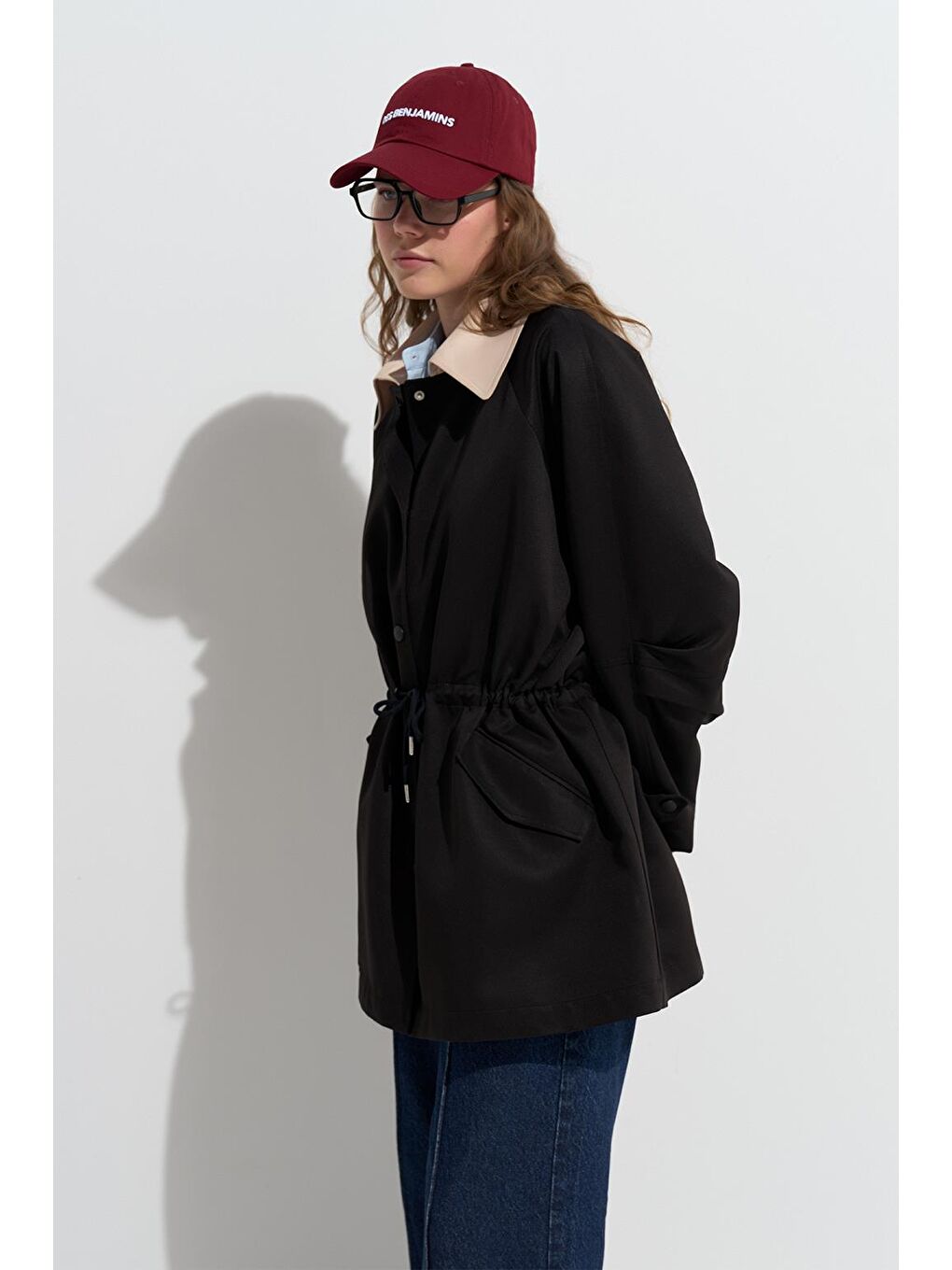 Casual Midi Trençkot Siyah-3