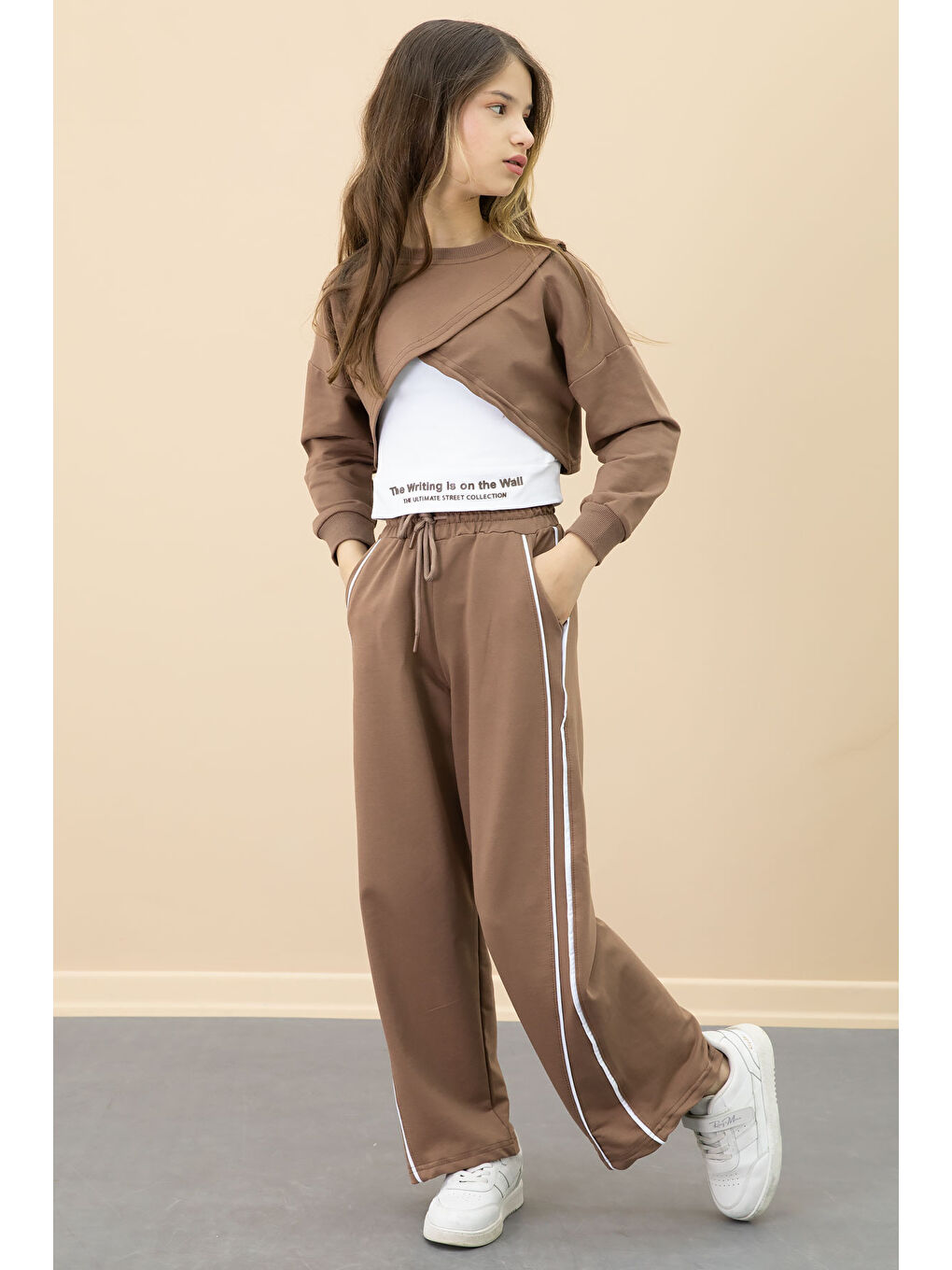 Kahverengi Kahve Şerit Detaylı Geniş Paça Croplu Kız Çocuk 3'lü Takım 20702