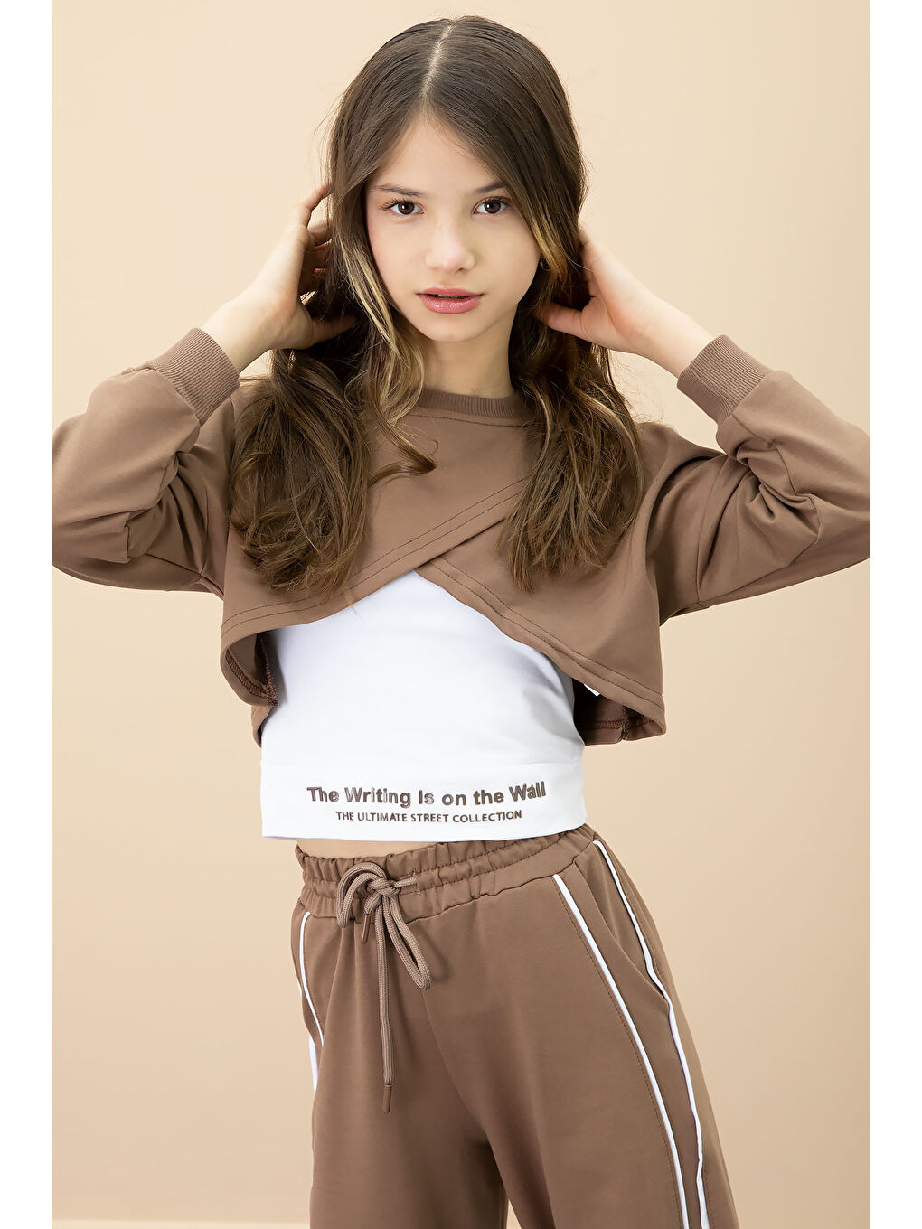 Kahverengi Kahve Şerit Detaylı Geniş Paça Croplu Kız Çocuk 3'lü Takım 20702-1