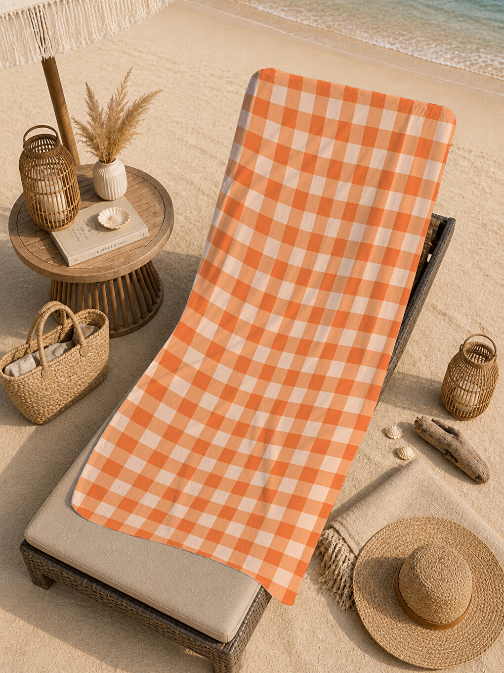 Retro Turuncu Ekose Kareli Desenli 70x150 Plaj Havlusu - Dijital Baskılı Solmaz Banyo Havlusu-3