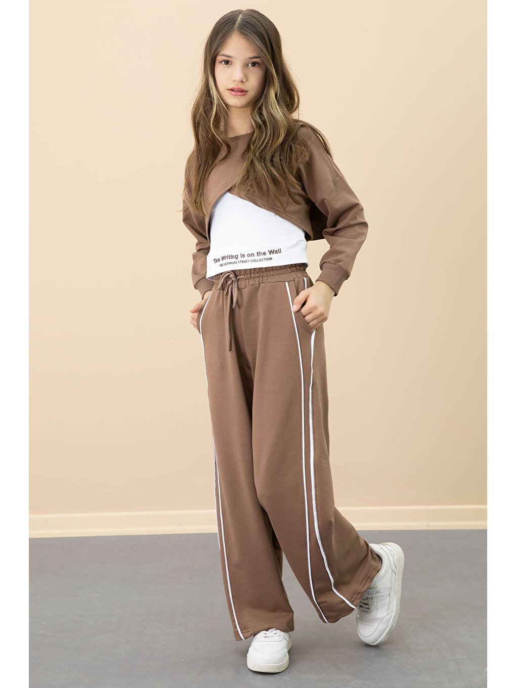 Kahverengi Kahve Şerit Detaylı Geniş Paça Croplu Kız Çocuk 3'lü Takım 20702-2