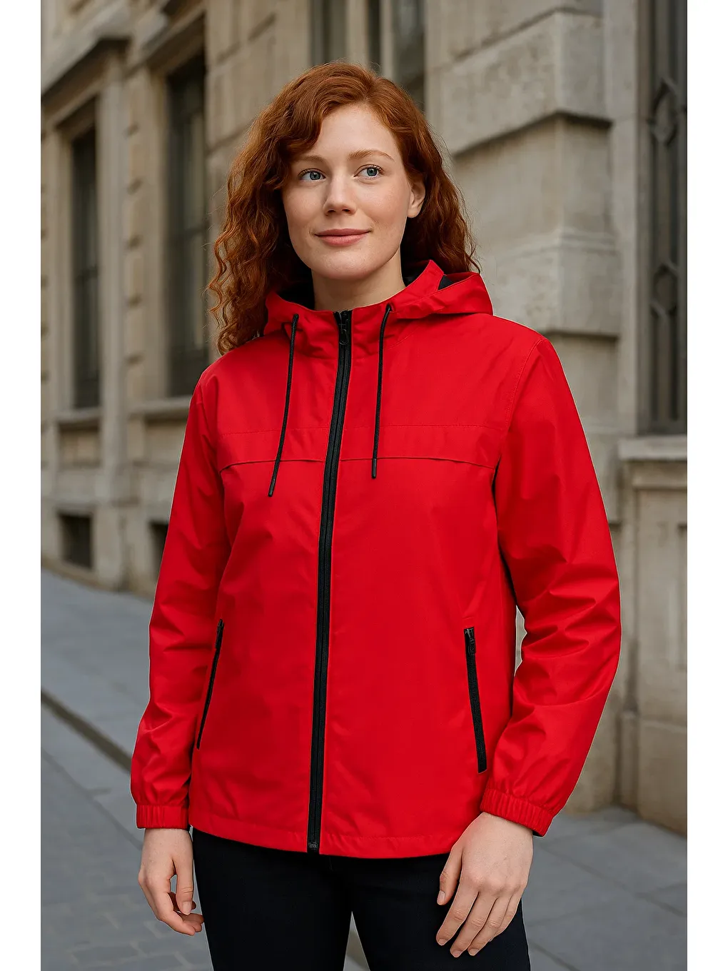 Kadın Astarlı Kapüşonlu Kırmızı Rüzgarlık & Yağmurluk-1