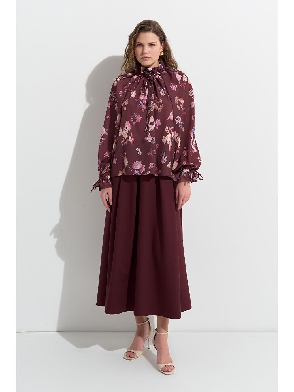 Clara Desenli Yaka Büzgülü Gömlek Bordo-1
