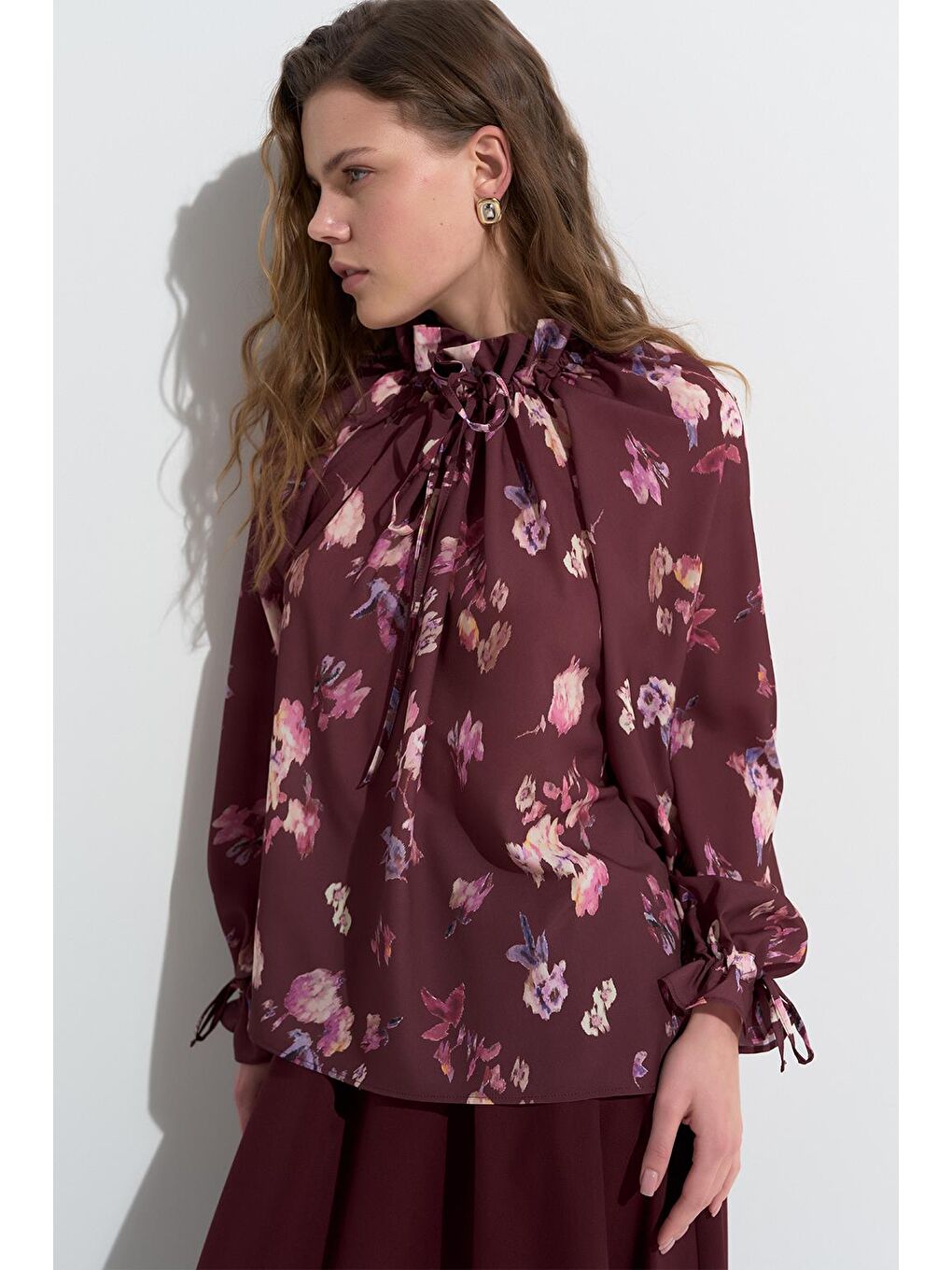 Clara Desenli Yaka Büzgülü Gömlek Bordo-2