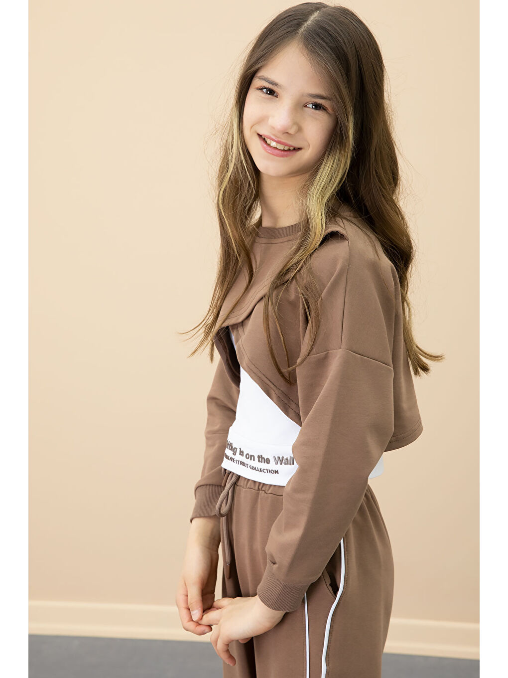Kahverengi Kahve Şerit Detaylı Geniş Paça Croplu Kız Çocuk 3'lü Takım 20702-3