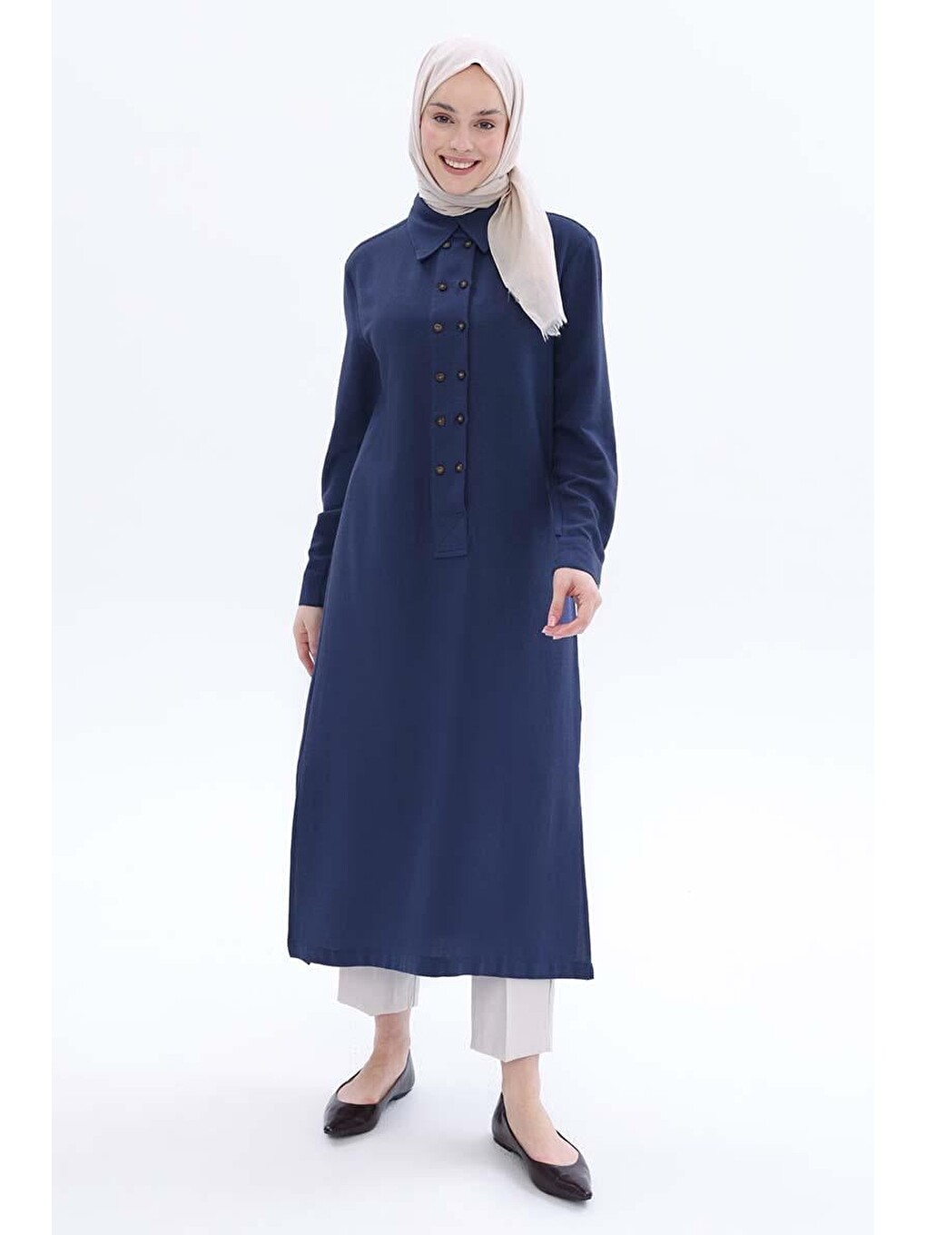 İndigo-çift Düğmeli Keten Tunik-1