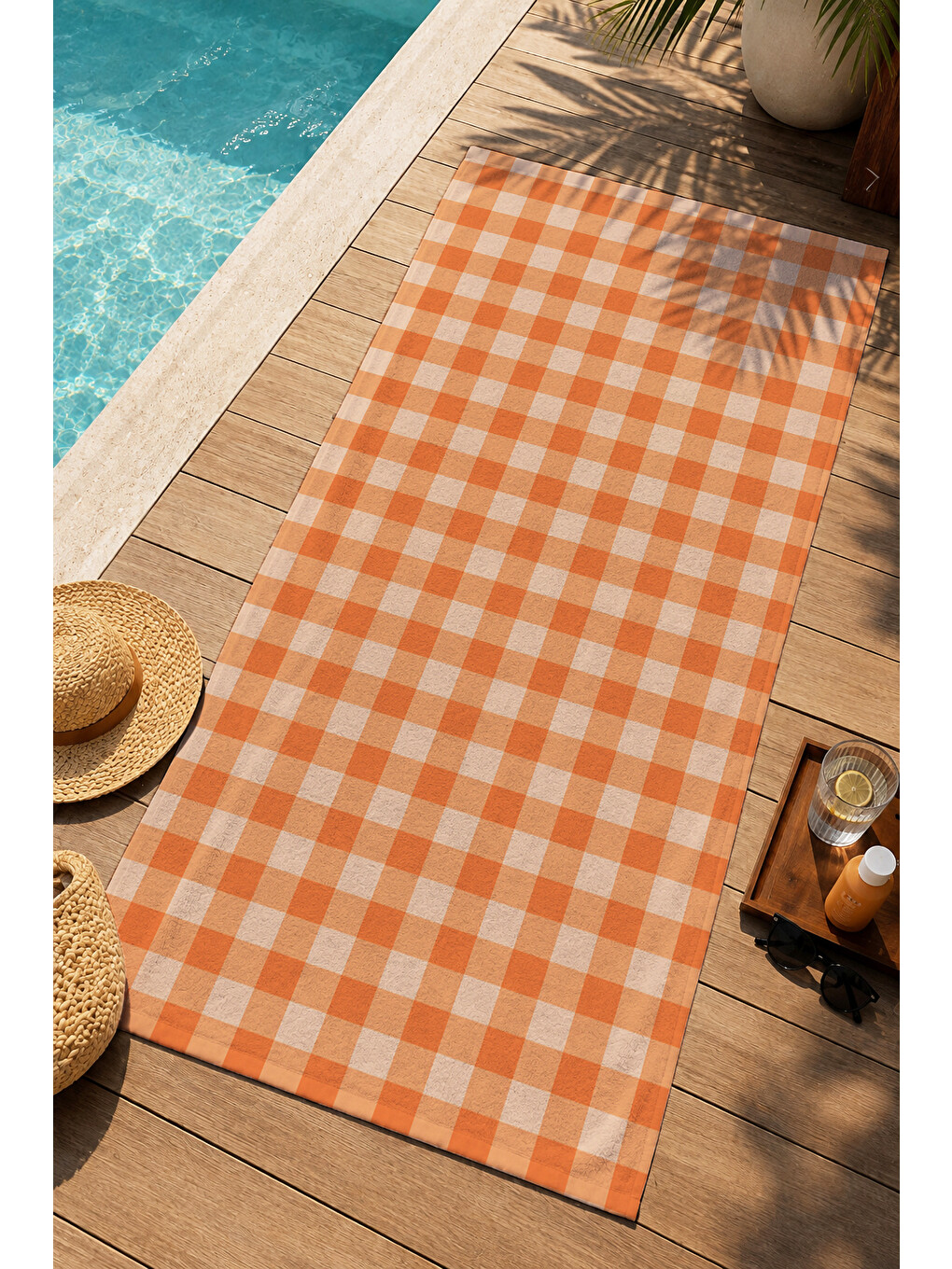 Retro Turuncu Ekose Kareli Desenli 70x150 Plaj Havlusu - Dijital Baskılı Solmaz Banyo Havlusu-4