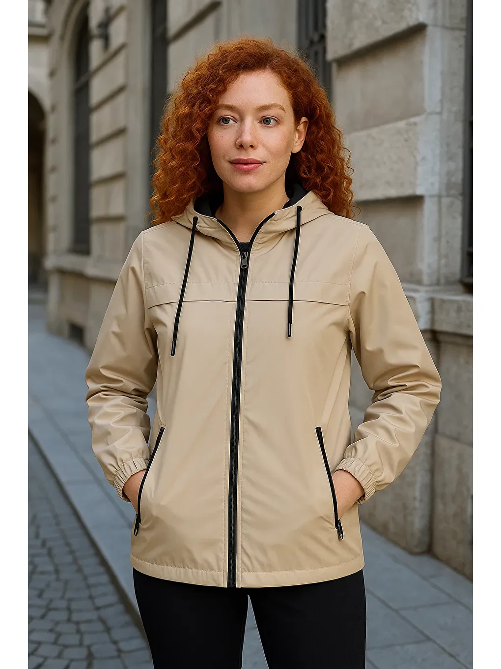Bej Kadın Astarlı Kapüşonlu Taş Rüzgarlık & Yağmurluk