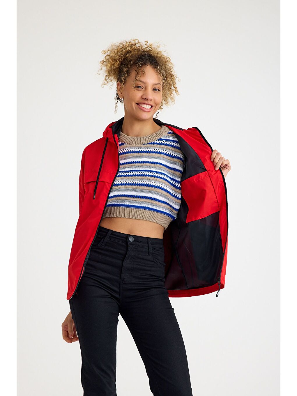 Kadın Astarlı Kapüşonlu Kırmızı Rüzgarlık & Yağmurluk-2