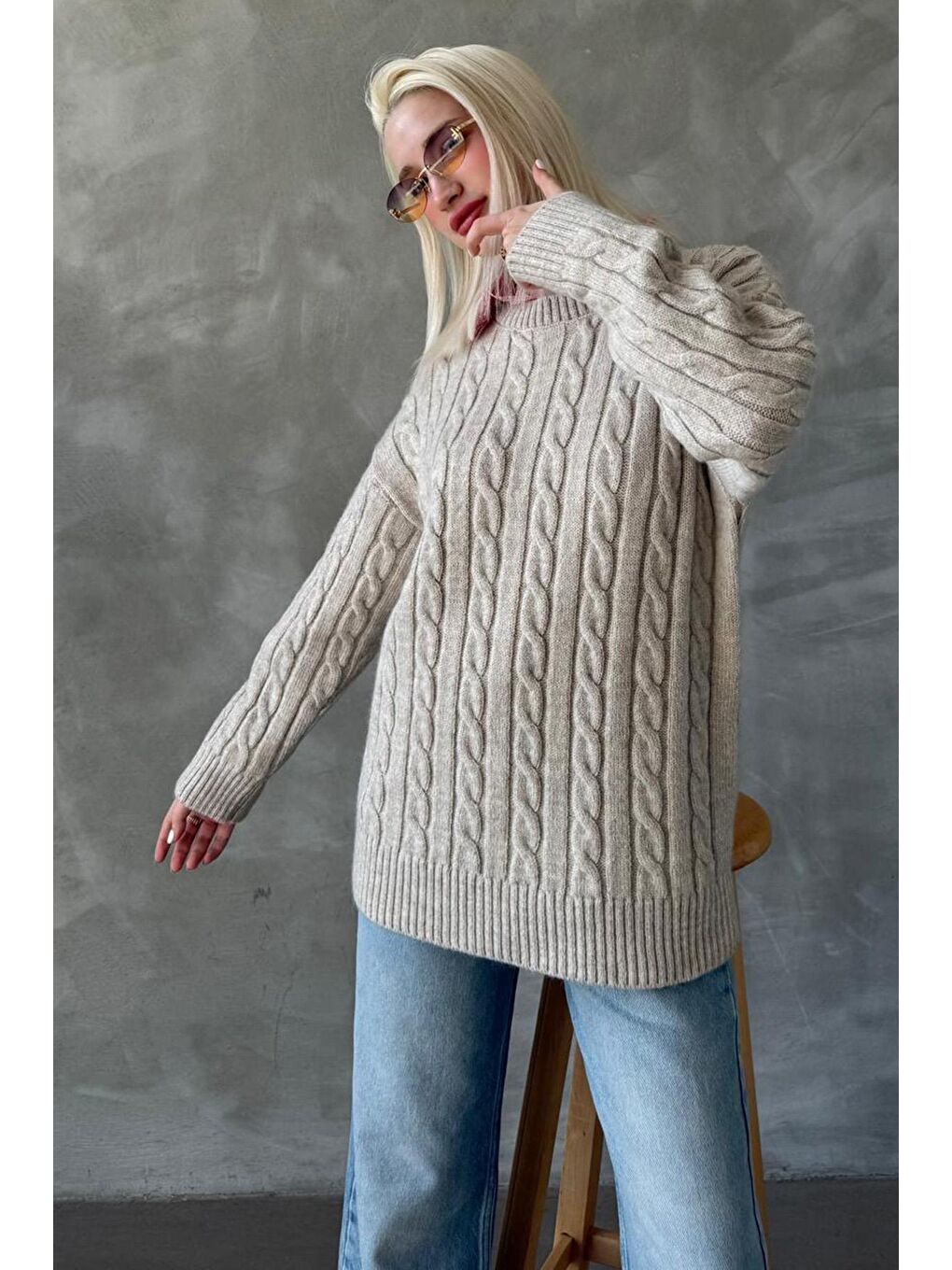 Bej Balıkçı Yaka Örgülü Triko Kazak Mg2336-3