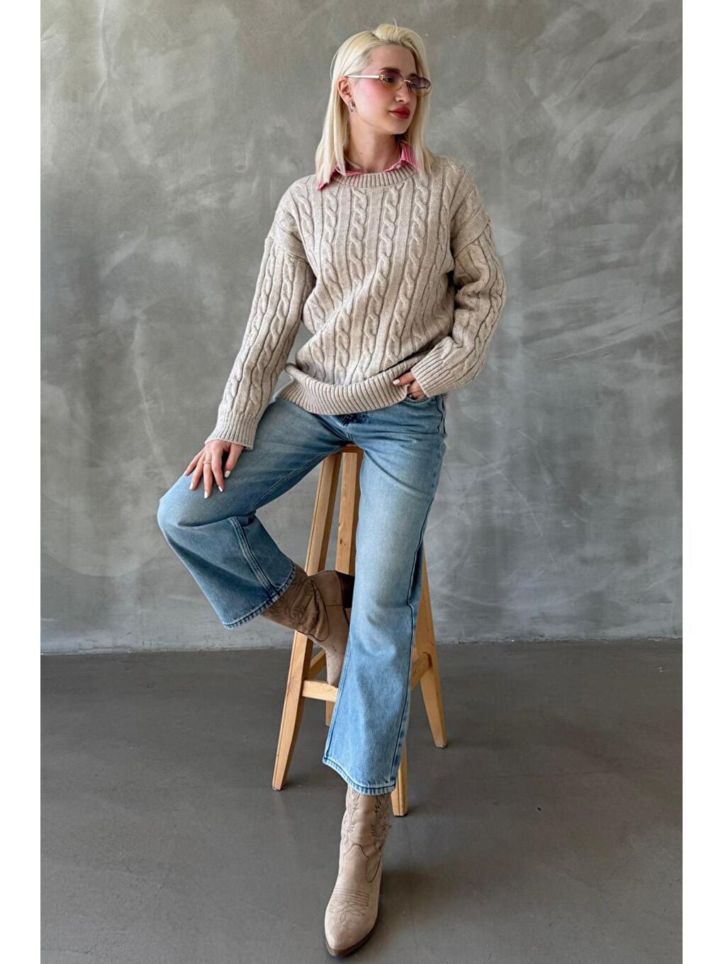 Bej Balıkçı Yaka Örgülü Triko Kazak Mg2336-4