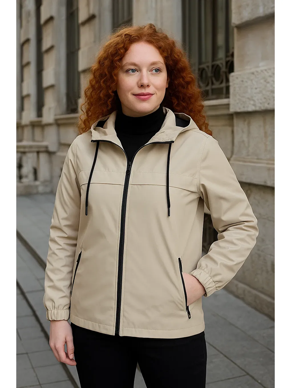 Bej Kadın Astarlı Kapüşonlu Taş Rüzgarlık & Yağmurluk-1