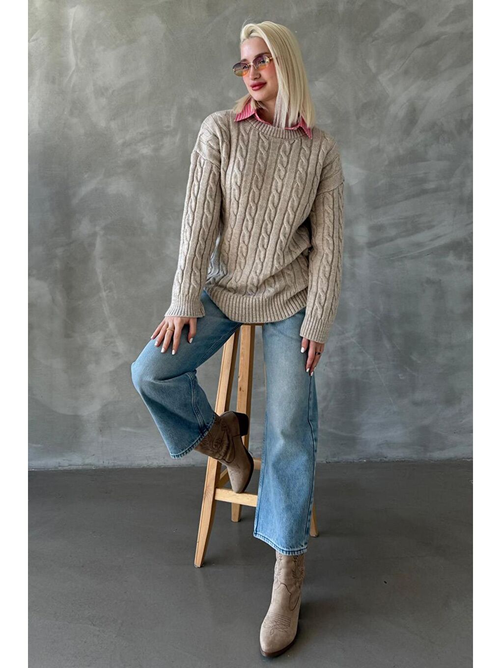 Bej Balıkçı Yaka Örgülü Triko Kazak Mg2336-5