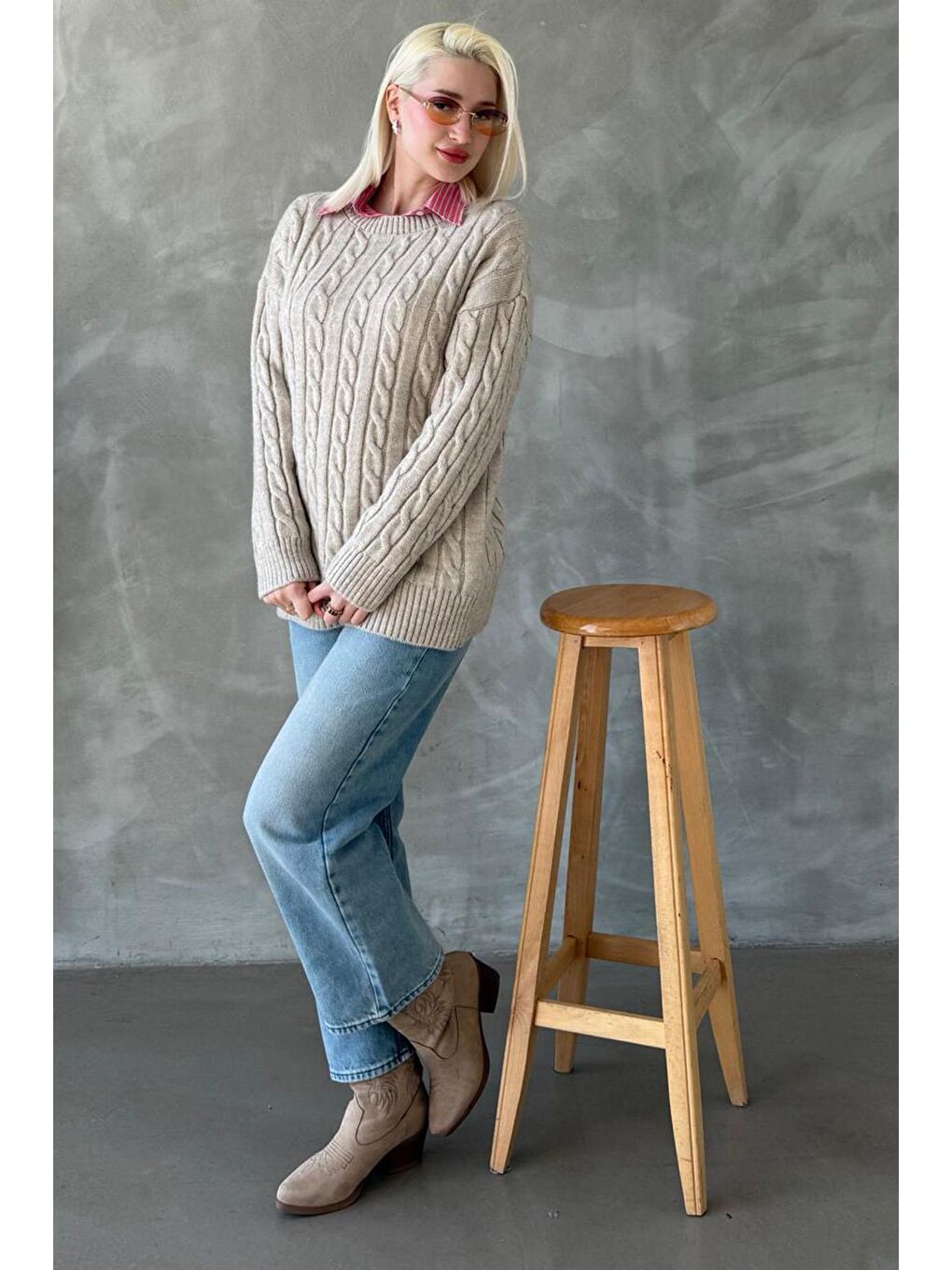 Bej Balıkçı Yaka Örgülü Triko Kazak Mg2336-1