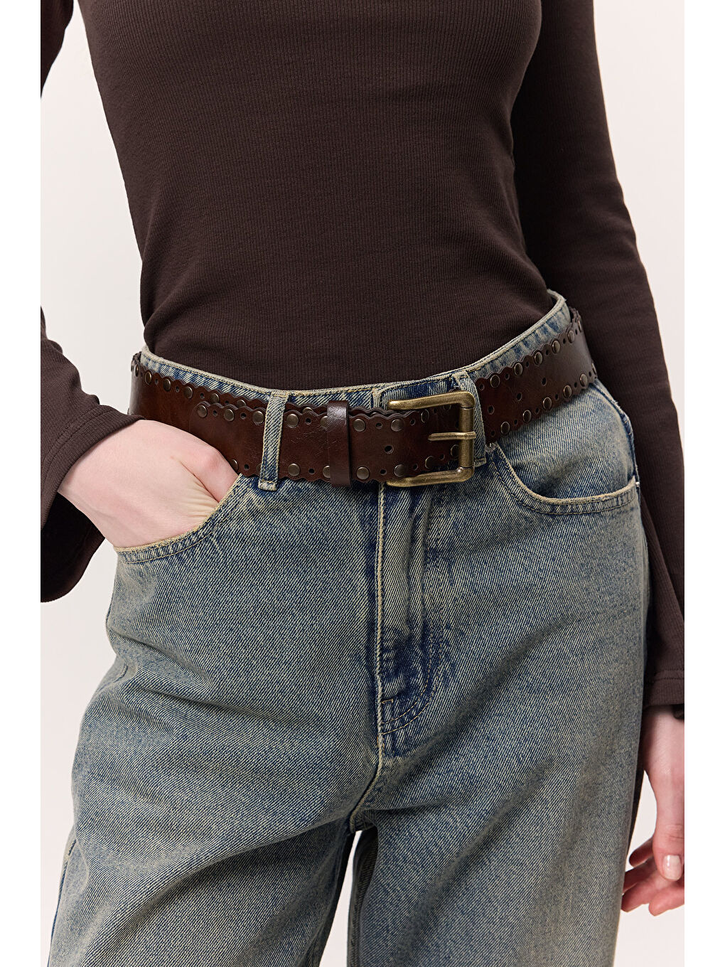 Zımbalı Geniş Tokalı Kemer Kahverengi-2