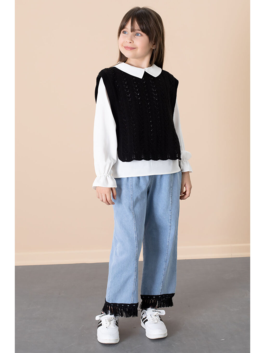 Siyah Dantel Süveterli Jean Pantolonlu Kız Çocuk 3lü Takım 20683