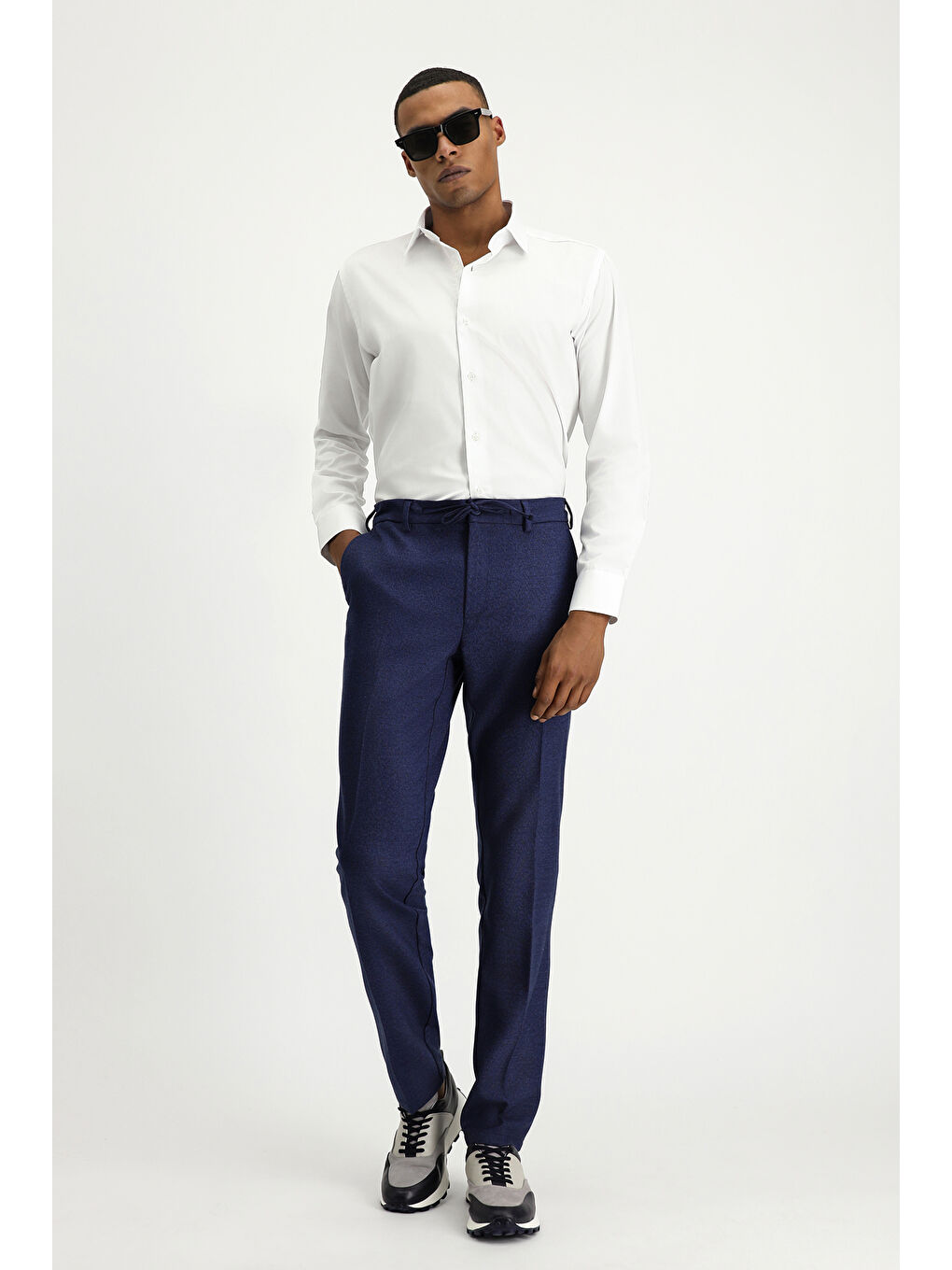 Lacivert Super Slim Fit Ekstra Dar Kesim Beli Lastikli İpli Desenli Elastanlı Klasik Kumaş Pantolon