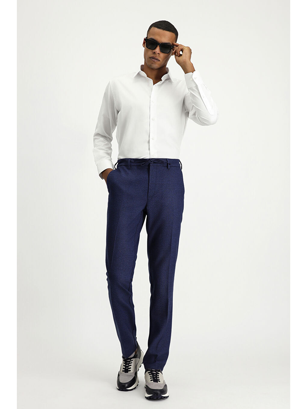 Lacivert Super Slim Fit Ekstra Dar Kesim Beli Lastikli İpli Desenli Elastanlı Klasik Kumaş Pantolon-1