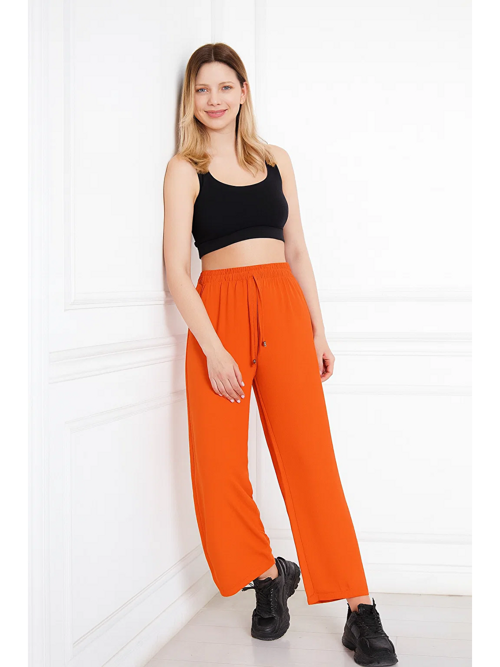 Turuncu Kadın Aerobin Geniş Paça Palazzo Bel Lastikli Pantolon-2