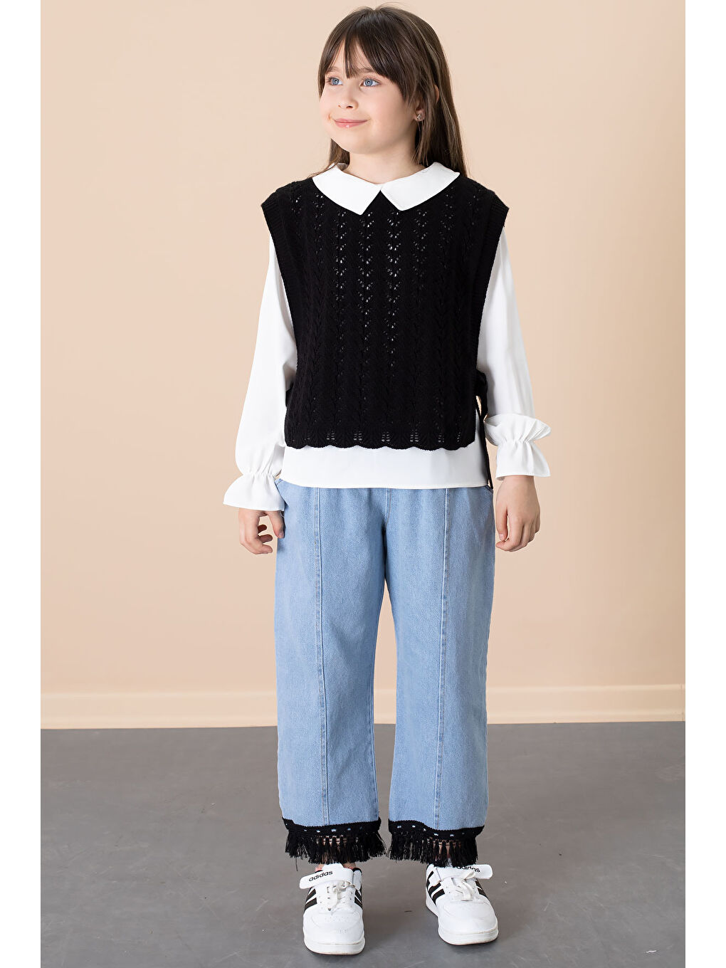 Siyah Dantel Süveterli Jean Pantolonlu Kız Çocuk 3lü Takım 20683-2
