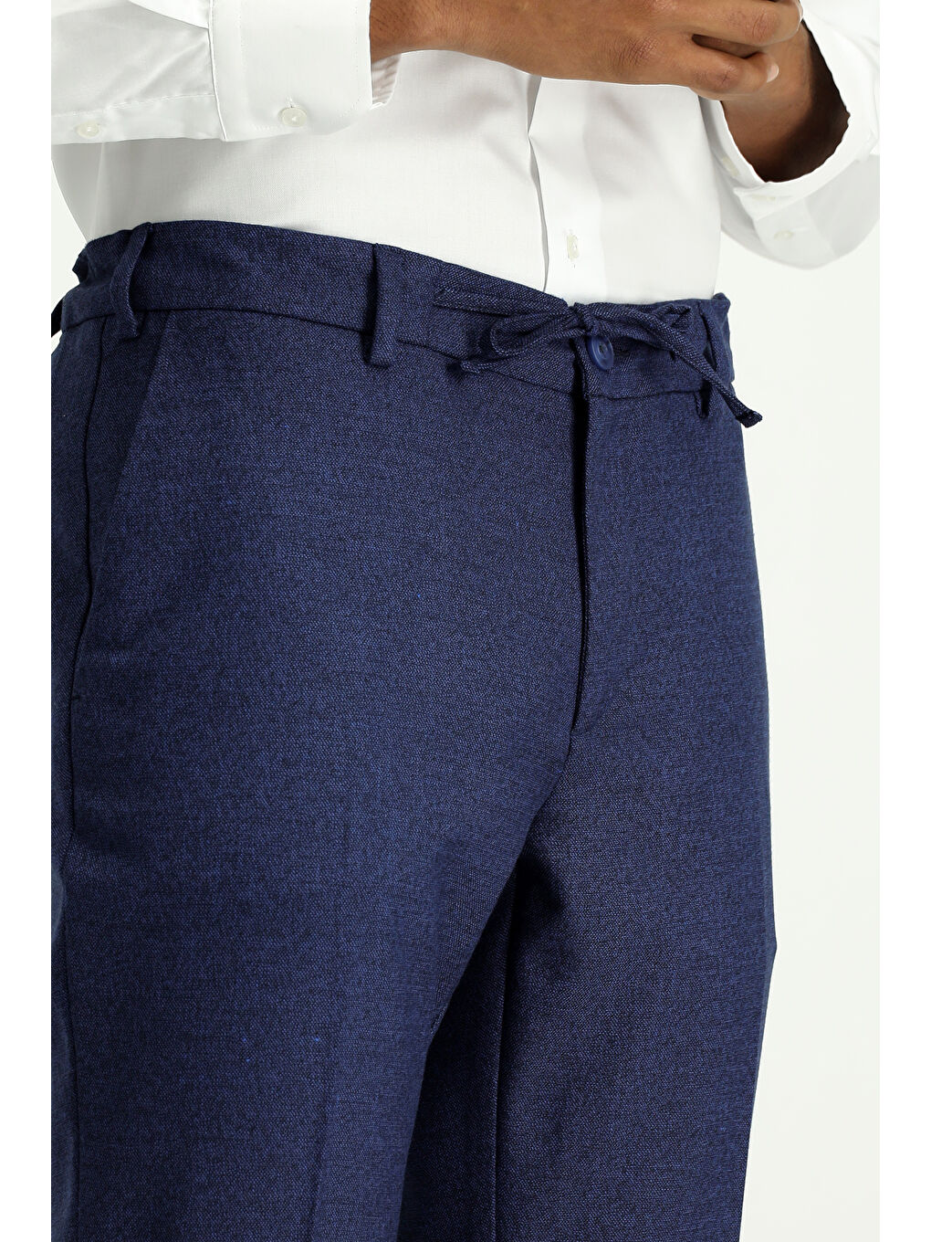 Lacivert Super Slim Fit Ekstra Dar Kesim Beli Lastikli İpli Desenli Elastanlı Klasik Kumaş Pantolon-3