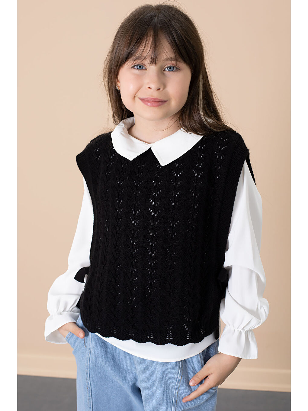 Siyah Dantel Süveterli Jean Pantolonlu Kız Çocuk 3lü Takım 20683-3