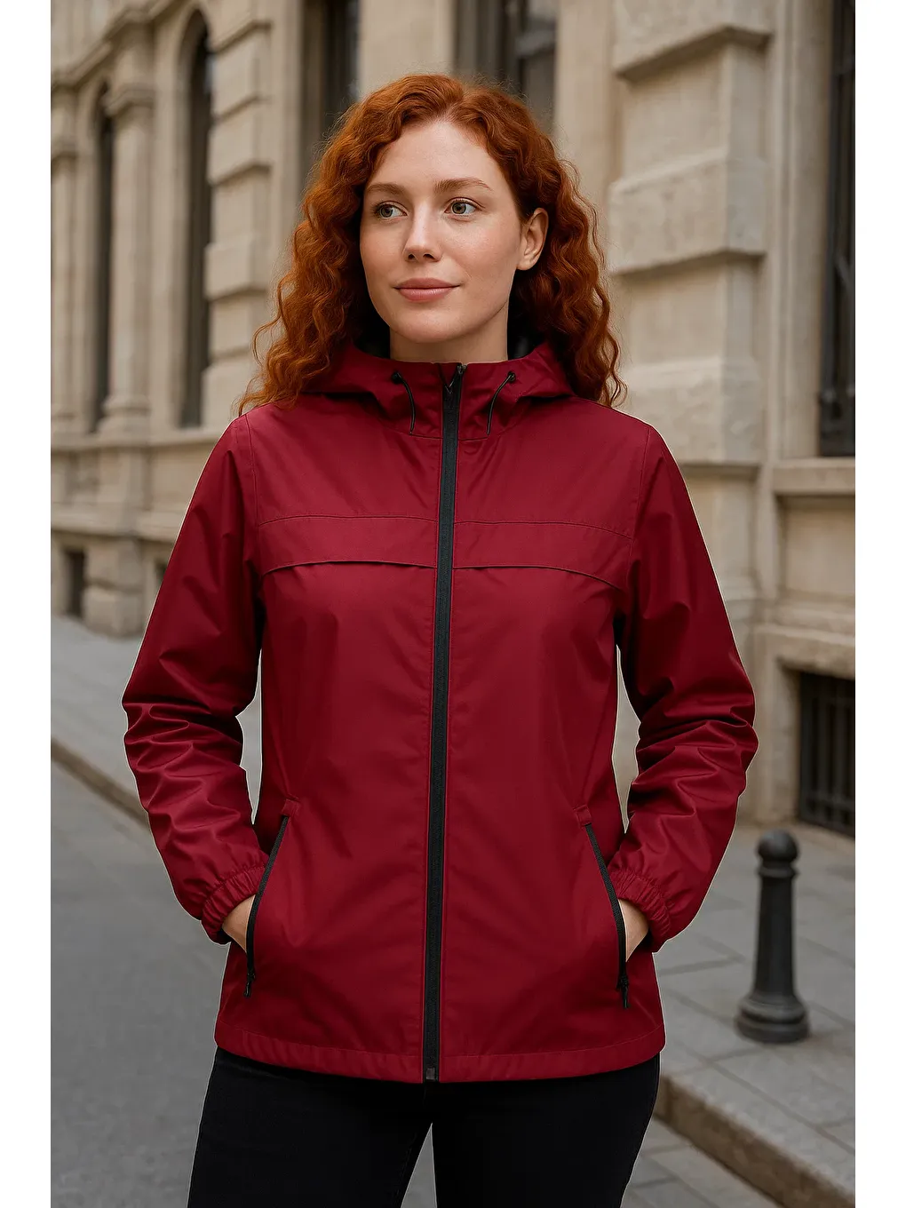 Kadın Astarlı Kapüşonlu Bordo Rüzgarlık & Yağmurluk-1