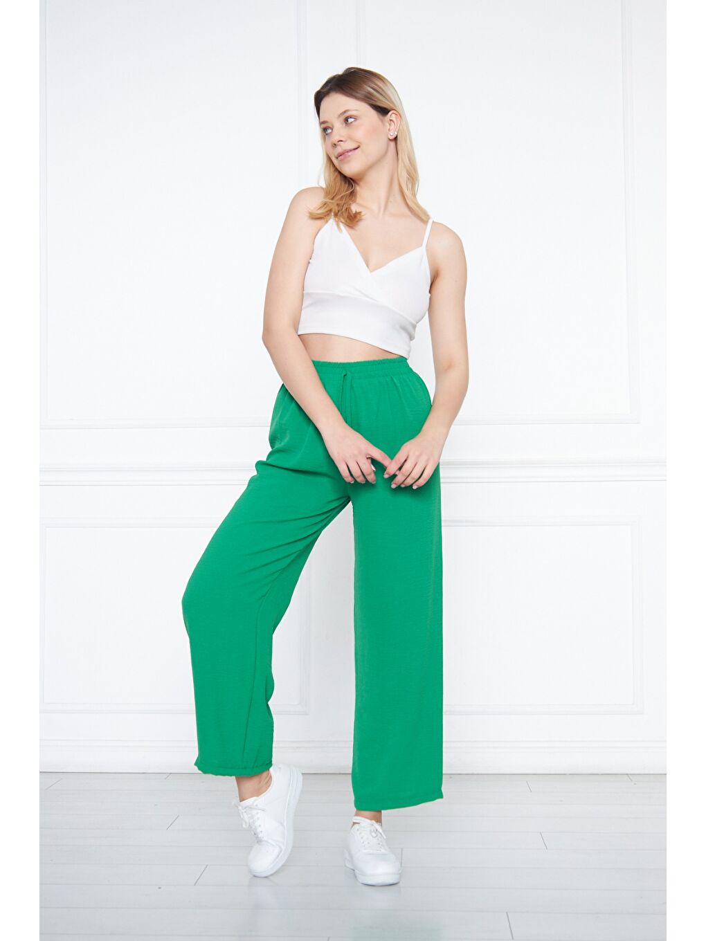 Yeşil Kadın Aerobin Geniş Paça Palazzo Bel Lastikli Pantolon-1
