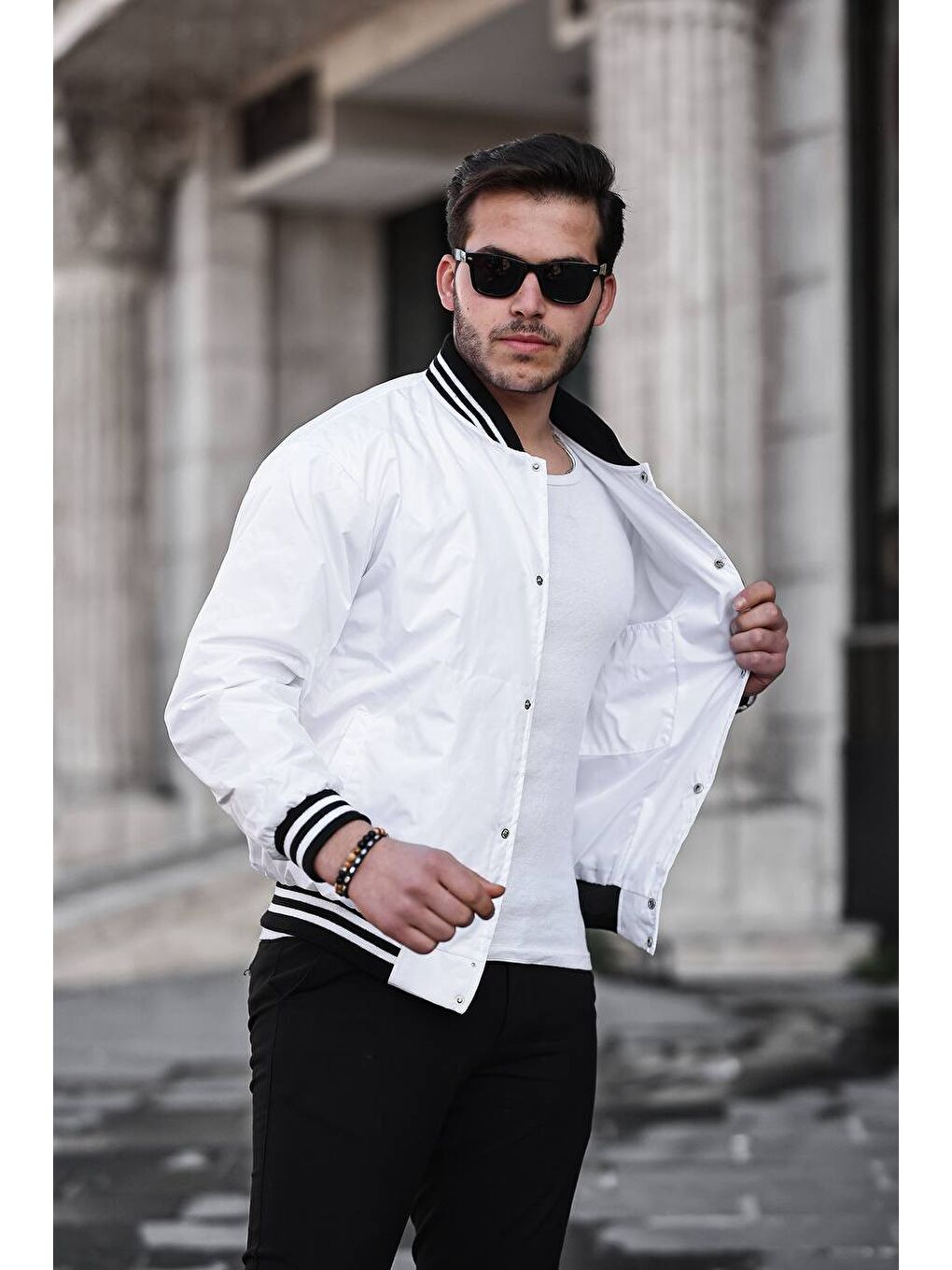 Erkek Baskılı Çıtçıtlı Beyaz Kolej Ceket-1