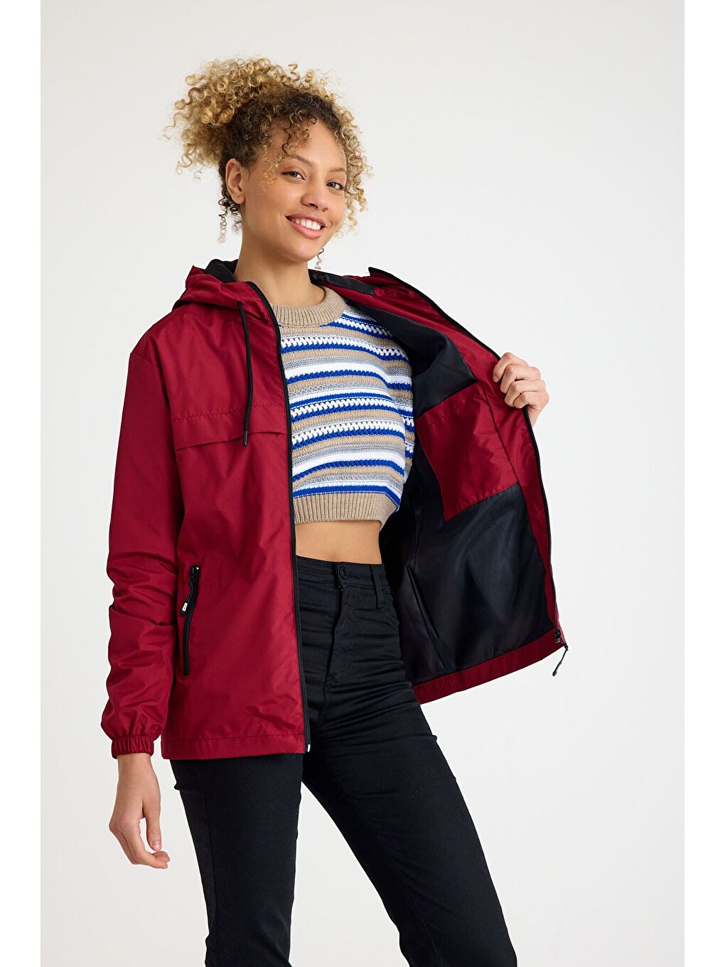 Kadın Astarlı Kapüşonlu Bordo Rüzgarlık & Yağmurluk-2