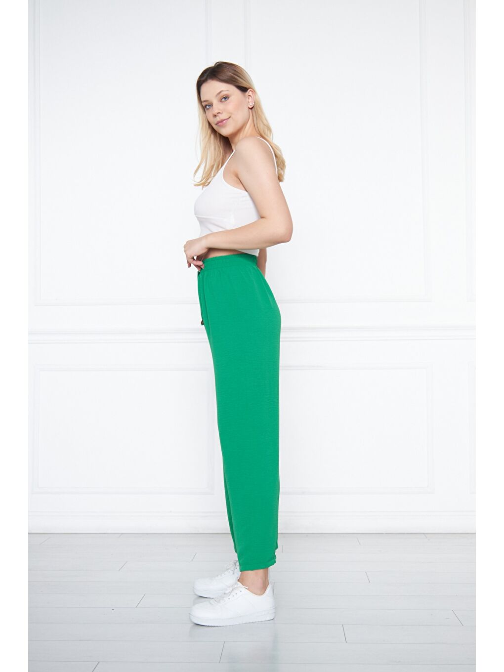 Yeşil Kadın Aerobin Geniş Paça Palazzo Bel Lastikli Pantolon-2