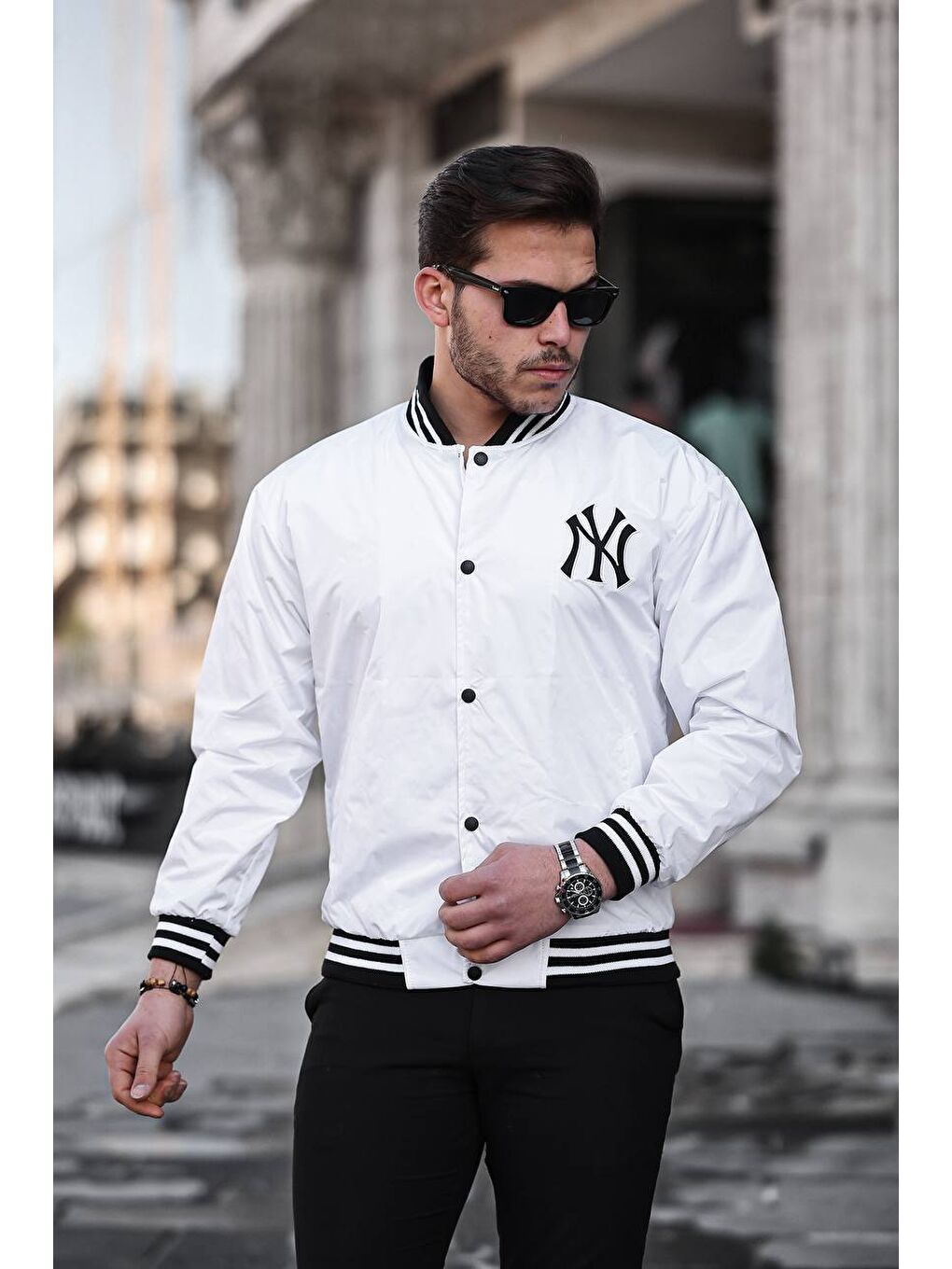 Erkek Baskılı Çıtçıtlı Beyaz Kolej Ceket-2